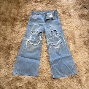 American Eagle Outfitters Distressed Blue Wide Leg Jeans
